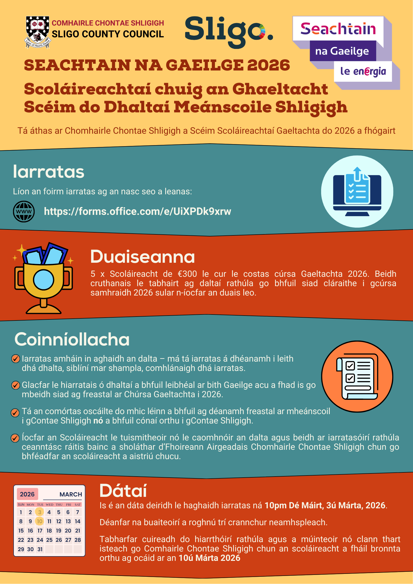 Scol&aacute;ireachta&iacute; chuig an Ghaeltacht Sc&eacute;im do Dhalta&iacute; Me&aacute;nscoile Shligigh
